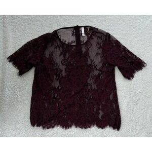 Y2K Burgundy Sheer Lace Floral Top Short Sleeve Academia Whimsigoth Boho Chic